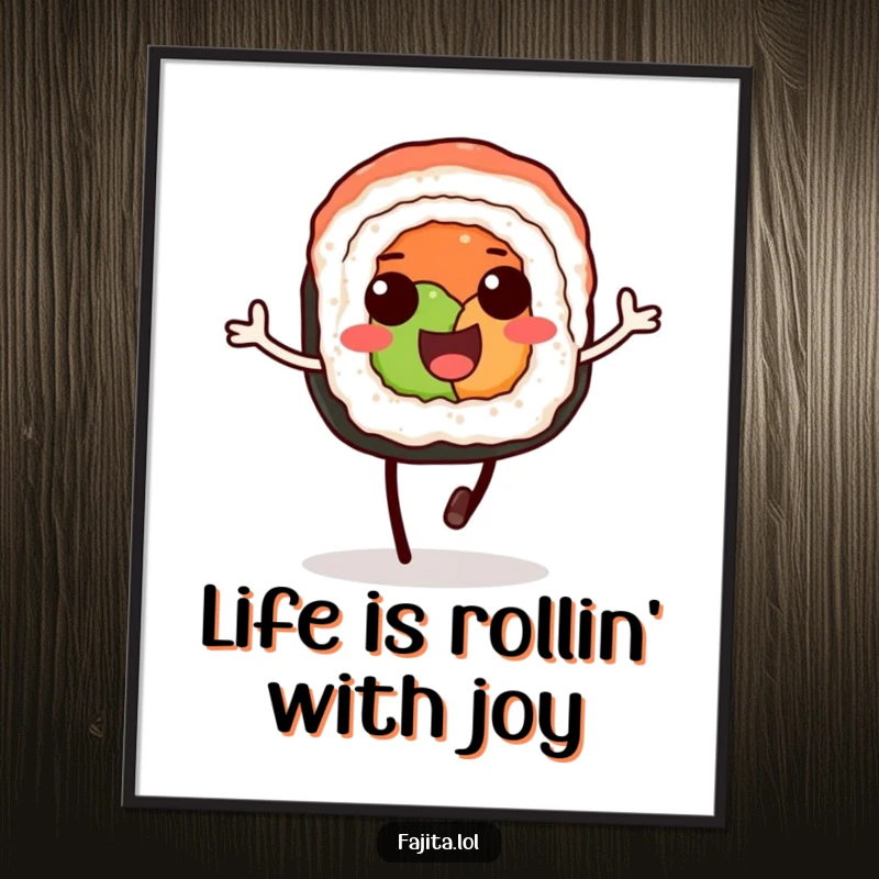 Funny Free Printable Sushi Wall Art: A delighted sushi roll with soy sauce legs executing a happy little hop.