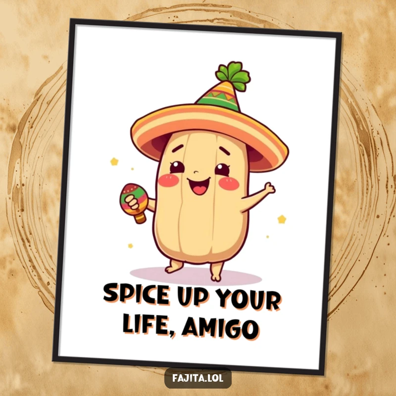 Funny Free Printable Tamale Wall Art: A giddy tamale with a festive hat spinning joyfully, shaking a maraca with delight.