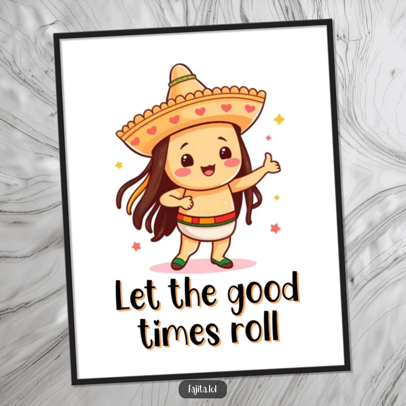 Funny Free Printable Wall Art of a festive fajita wearing a tiny sombrero and dancing.