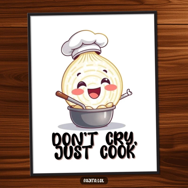 Funny Free Printable Wall Art of a happy onion slice wearing a chef hat, stirring a pot with joy.
