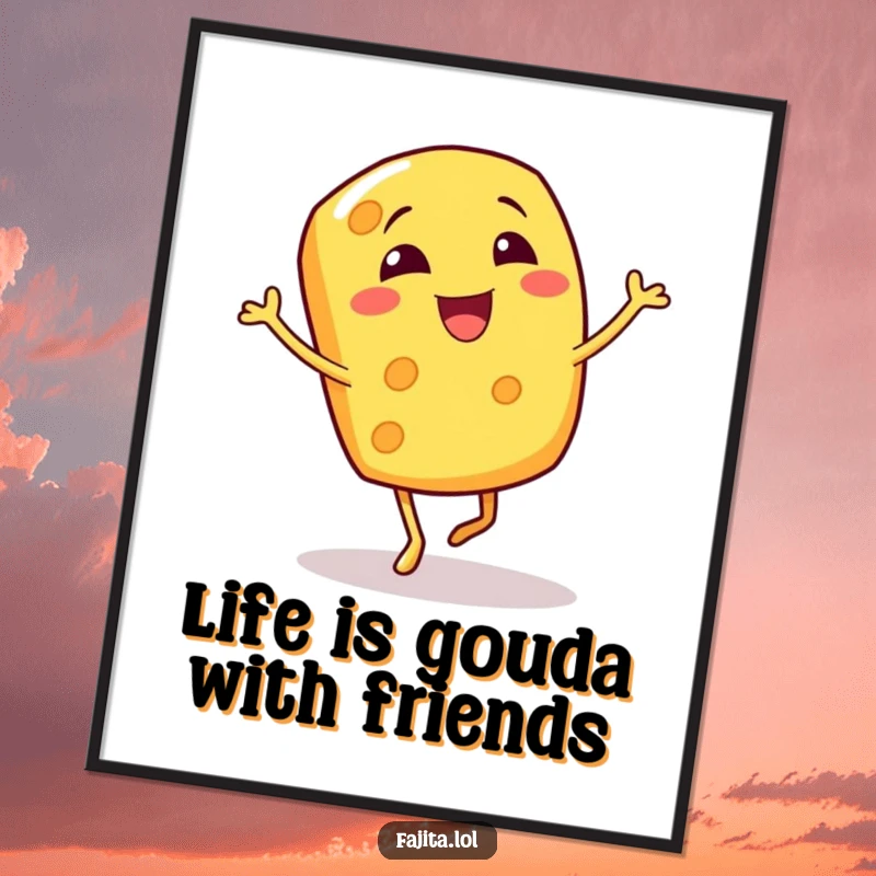 Funny Free Printable wall art of a giggling cheese shred character in mid-jig, bringing contagious cheer to your decor.