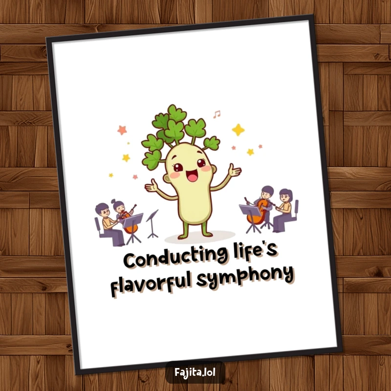 Funny Free Printable Wall Art: A cilantro sprig character energetically conducting a tiny orchestra of spices, vibrant and humorous kitchen decor.