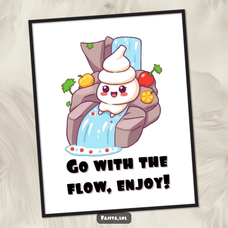 Funny Free Printable Wall Art: A sour cream dollop character with a fun expression, sliding down a bright salsa waterfall.