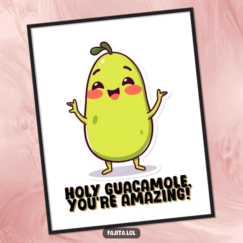 Funny Free Printable Wall Art: Wiggling guacamole character dancing with joy, a vibrant downloadable art piece.