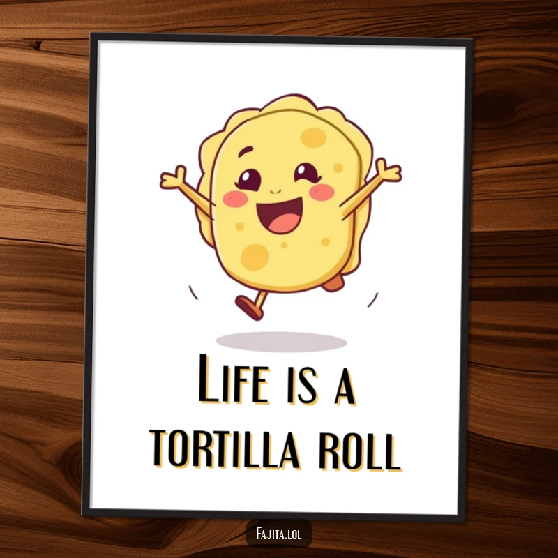 Funny Free Printable Wall Art of a joyful tortilla character performing an energetic and cheerful cartwheel.