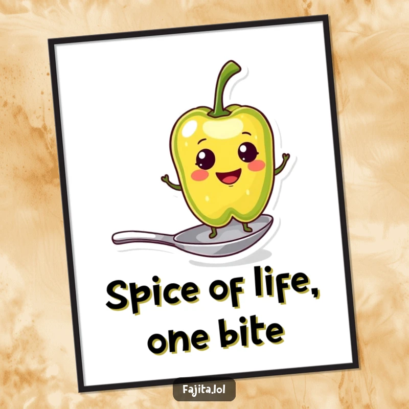 Funny Free Printable Wall Art: Smiling pepper slice balancing on a tiny spoon, whimsical downloadable art.