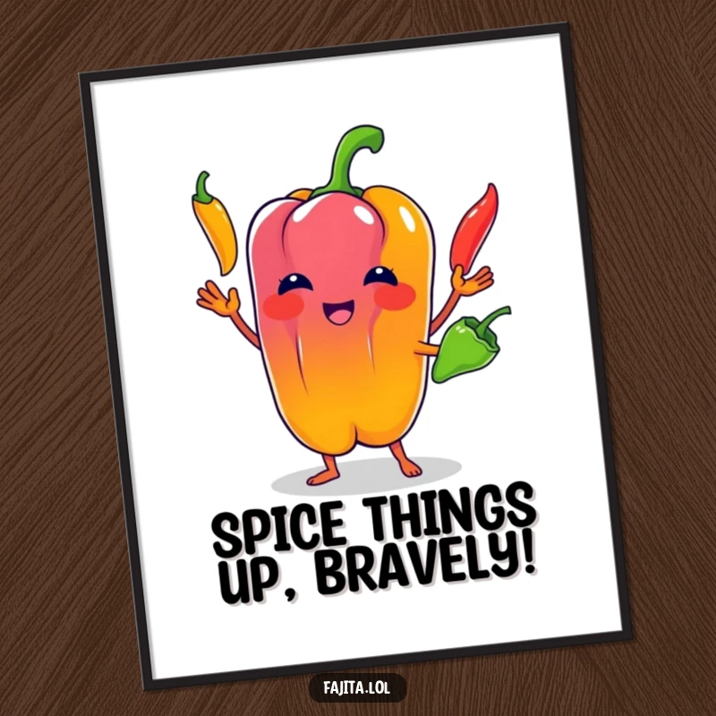 Funny Free Printable Wall Art: A cartoon bell pepper character juggling three vibrant chili peppers with a playful expression.