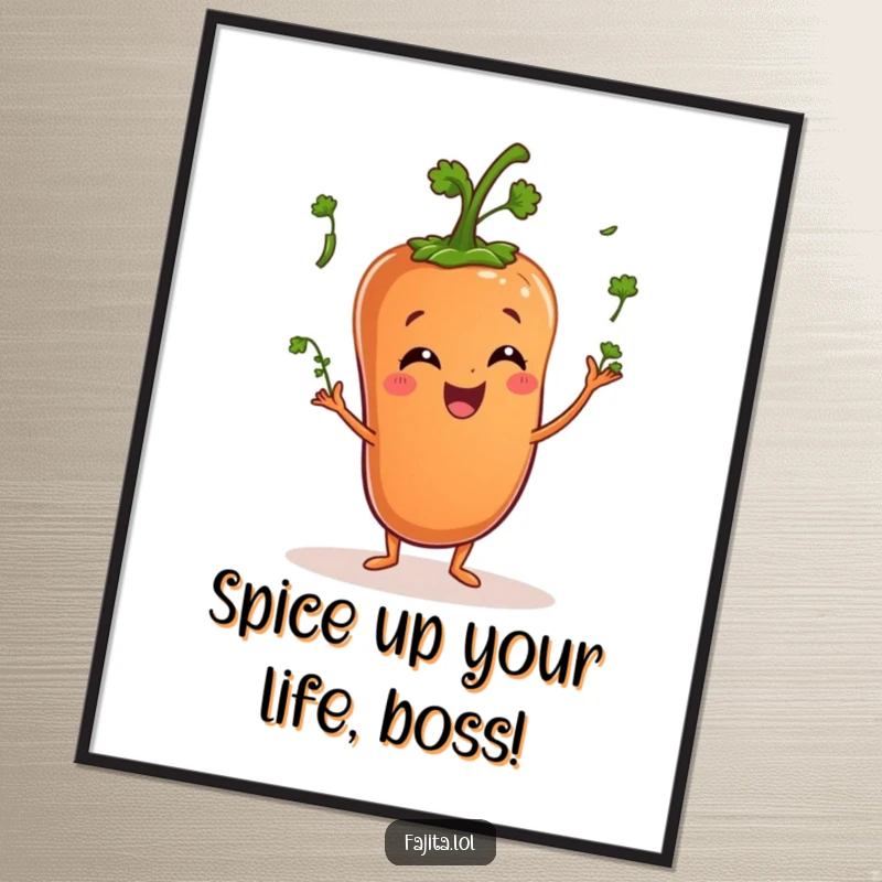 Funny Free Printable Wall Art: A happy pepper character juggling several miniature cilantro sprigs with impressive skill.