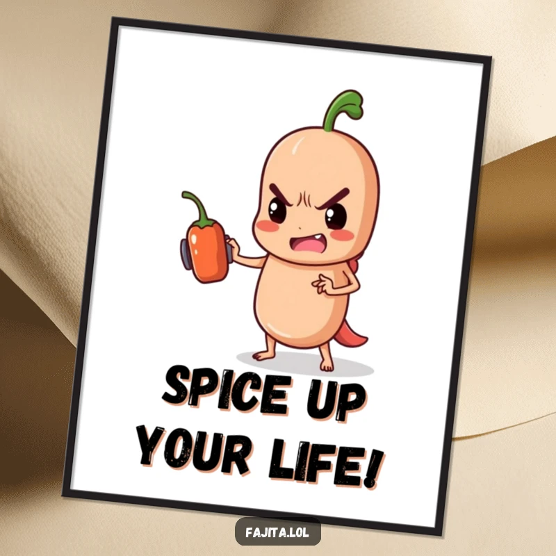 Funny Free Printable Wall Art of a determined fajita character lifting a tiny jalapeno dumbbell.