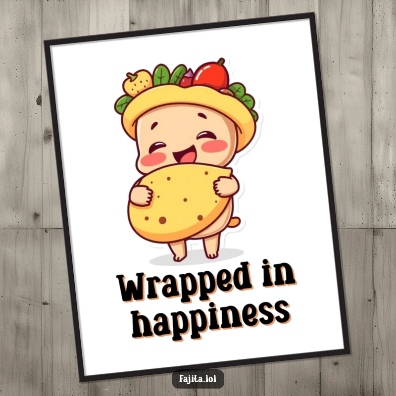 Funny Free Printable Wall Art: A cheerful fajita character sharing a sweet, warm embrace with a friendly tortilla, downloadable decor.