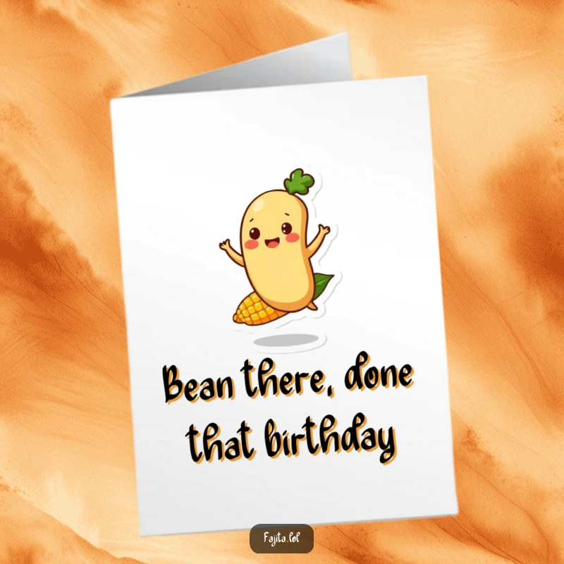 Funny Free Printable Birthday Card: A happy bean character enthusiastically bouncing on a single corn kernel. Pure joy.