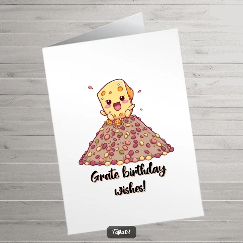 Funny Free Printable Birthday Card: Playful cheese shreds cascading down a mountain of beans, a fun and cheesy birthday celebration.