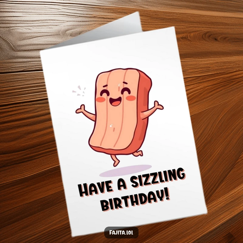 Funny Free Printable Birthday Card: A smiling strip of grilled meat dances with a happy shimmy, celebrating a birthday.