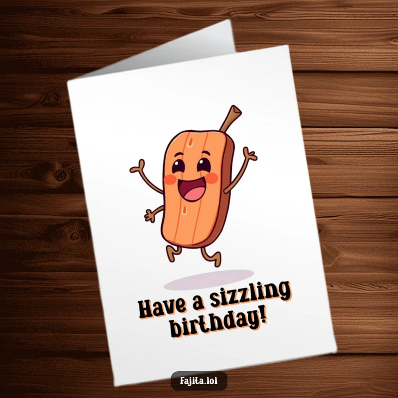 Funny Free Printable birthday card showing an excited grilled meat character doing a happy skip, celebrating the big day.