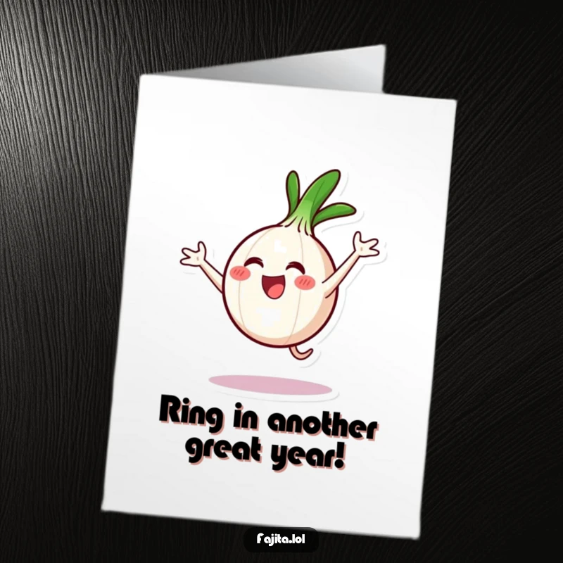 Funny Free Printable Birthday Card: A smiling onion ring character doing an excited cartwheel, celebrating with pure joy and fun.