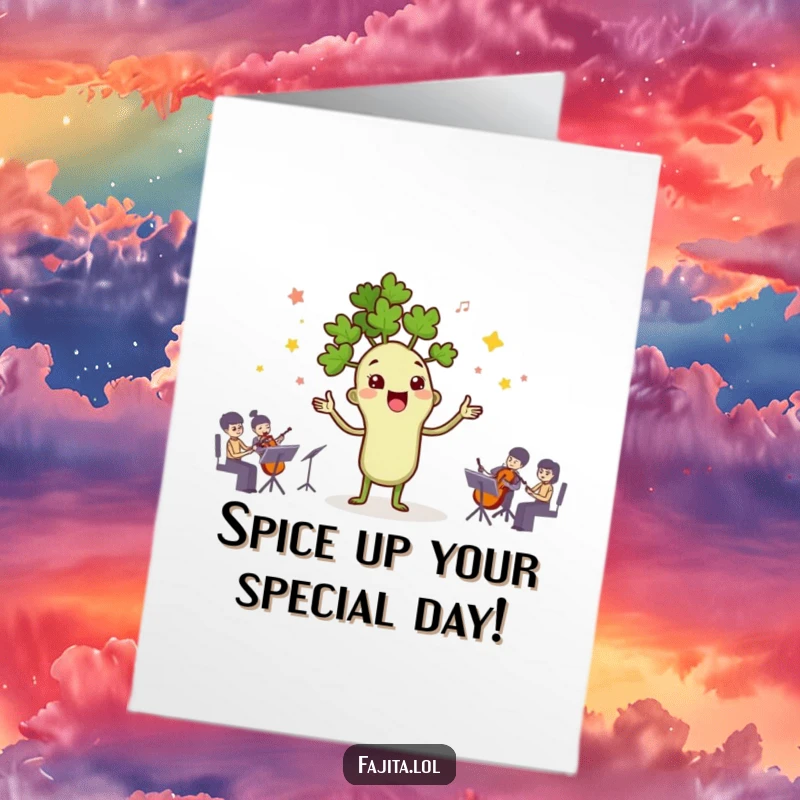 Funny Free Printable Birthday Card: Cilantro sprig conductor leading a spice orchestra, perfect for a humorous foodie celebration.