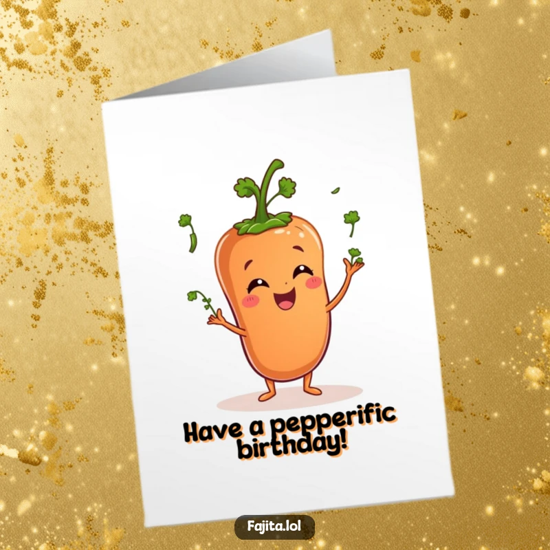 Funny Free Printable Birthday Card: A happy green pepper character skillfully juggling tiny sprigs of fresh cilantro.