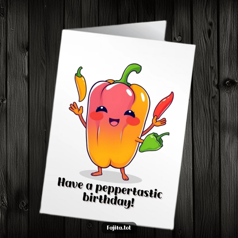 Funny Free Printable Birthday Card: Bell pepper character expertly juggling three colorful chili peppers for a birthday wish.