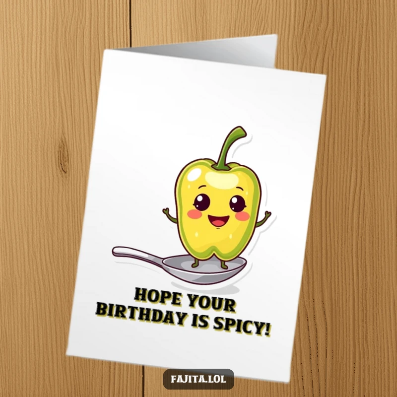 Funny Free Printable Birthday Card: Pepper slice on spoon smiling, perfectly balanced downloadable gift.