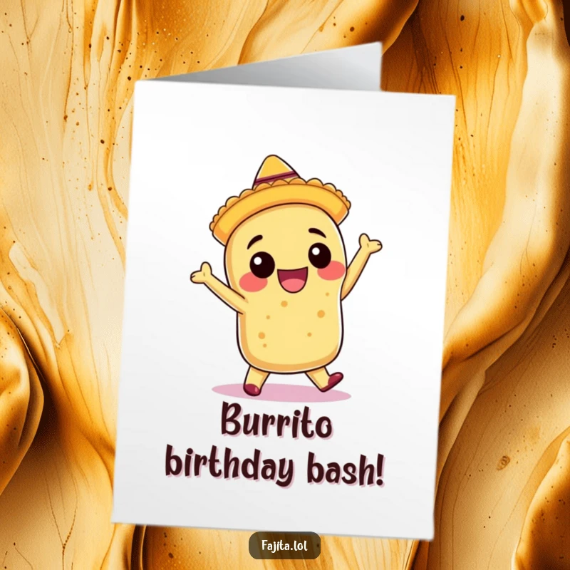 Funny Free Printable Birthday Card: A smiling burrito in a tiny sombrero salsa dancing with energetic enthusiasm.
