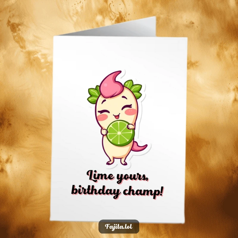 Funny Free Printable Birthday Card featuring a cheeky fajita winking while balancing a lime on its head.