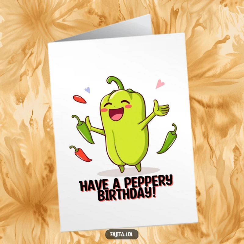Funny Free Printable Birthday Card featuring a laughing bell pepper expertly juggling spicy jalapenos.