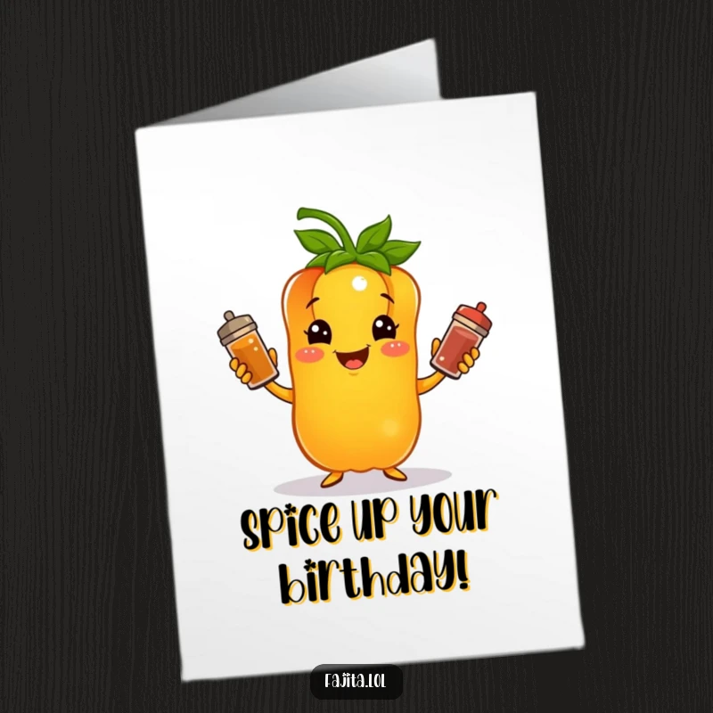 Funny Free Printable Birthday Card: A cheerful bell pepper juggles colorful spice shakers with impressive glee.