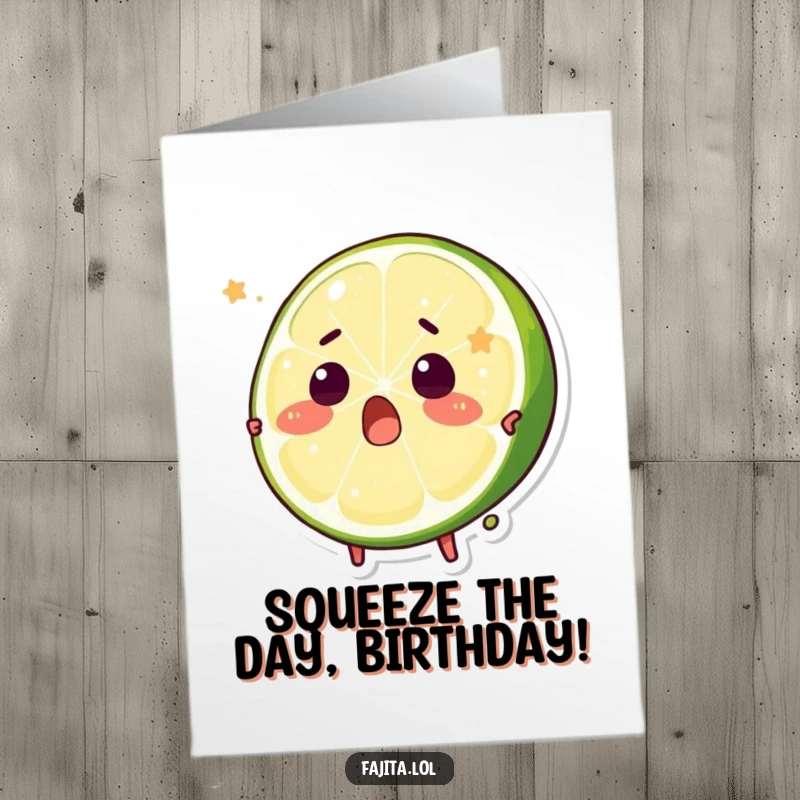 Funny Free Printable birthday card featuring a surprised lime wedge character experiencing a playful squeeze, with a shocked expression.