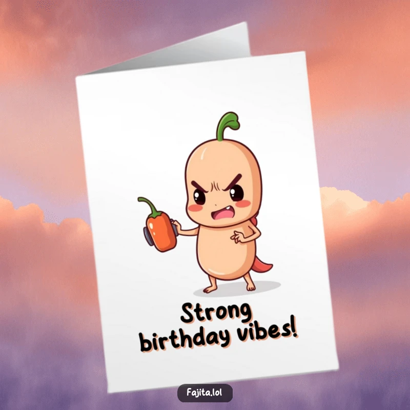Funny Free Printable Birthday Card showing a determined fajita character lifting a tiny jalapeno as a dumbbell.