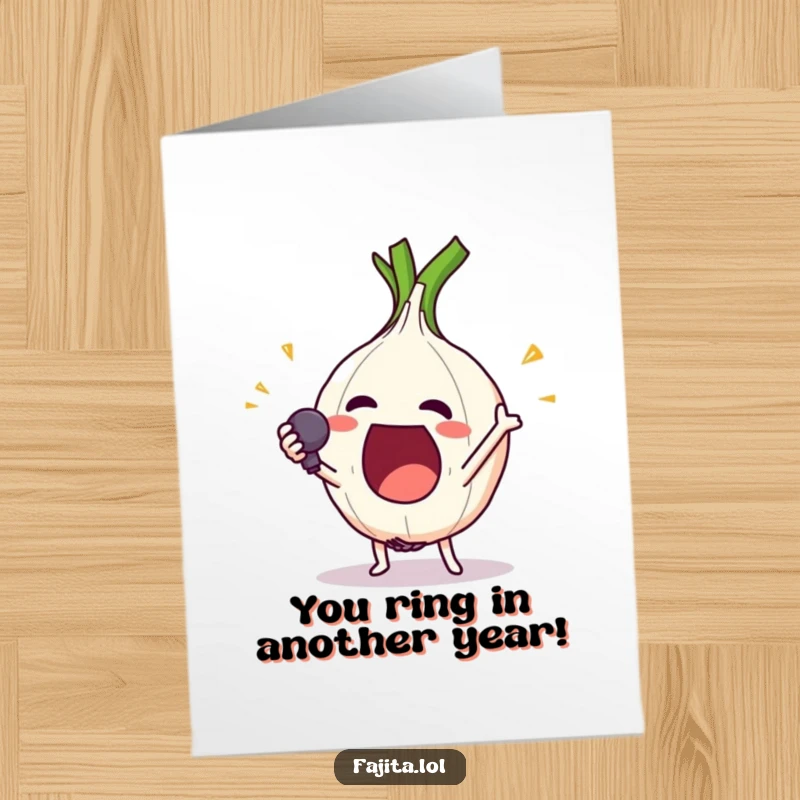 Funny Free Printable Birthday Card: An excited onion ring dramatically drops a mic, ending a performance with flair.