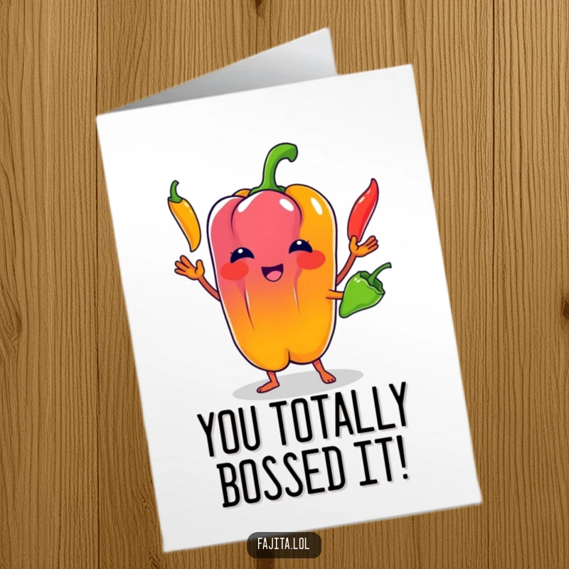 Funny Free Printable Congratulations Card: Bell pepper character skillfully juggling chili peppers to signify a job well done.