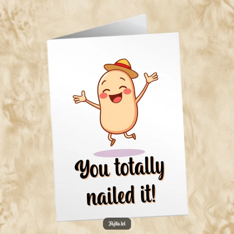 Funny Free Printable Congratulations Card of a joyful bean character doing a jumping jack with salsa, celebrating their amazing achievement.