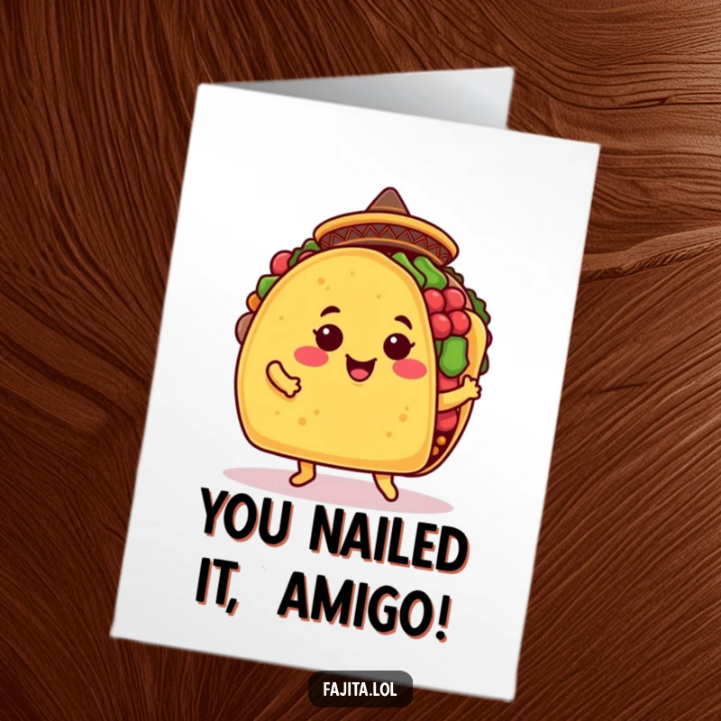 Funny Free Printable Congratulations Card: A tiny sombrero-wearing taco happily jigs to celebrate your big news.