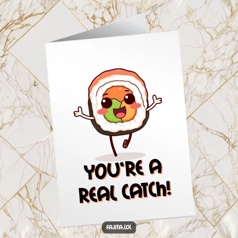 Free Printable Congratulations Card: A happy sushi roll with soy sauce legs hopping joyfully to share good news.