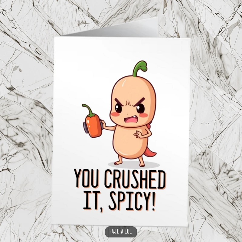 Funny Free Printable Congratulations Card of a determined fajita lifting a tiny jalapeno dumbbell.