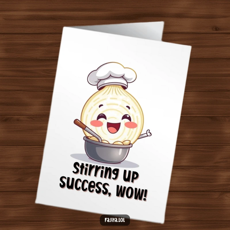 Funny Free Printable Congratulations Card featuring a happy onion slice chef stirring a pot with pride.