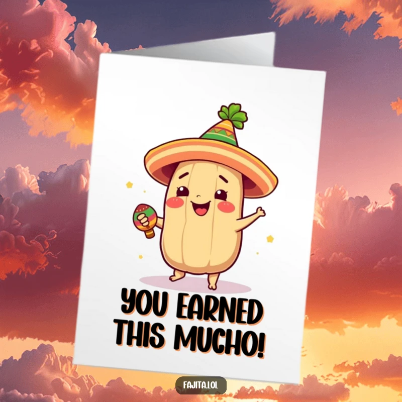 Free Printable Congratulations Card: A giddy tamale wearing a festive hat joyfully spinning with a maraca to celebrate.
