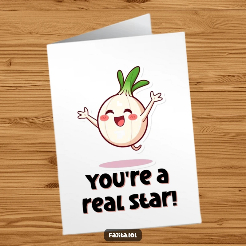 Funny Free Printable Congrats Card: An excited onion ring doing a celebratory cartwheel, perfect for cheering on someone's success.