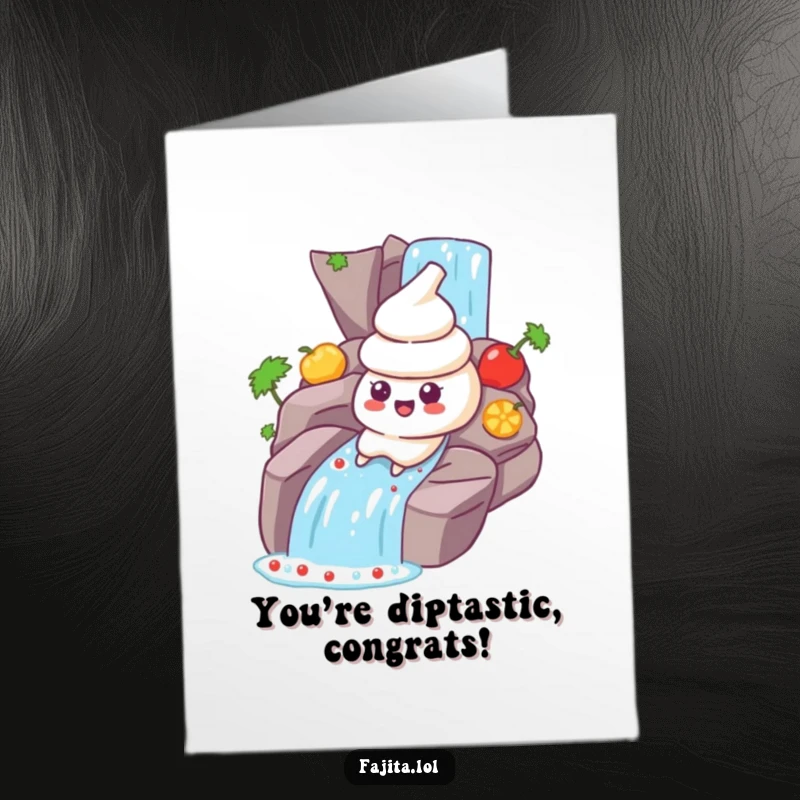 Funny Free Printable Congratulations Card: A sour cream dollop character sliding down salsa, celebrating a successful endeavor.