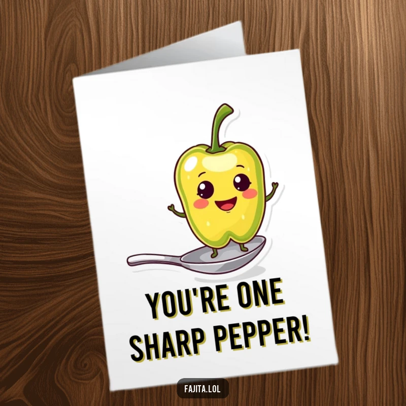 Funny Free Printable Congrats Card: Pepper slice on spoon smiling, celebrating success downloadable gift.