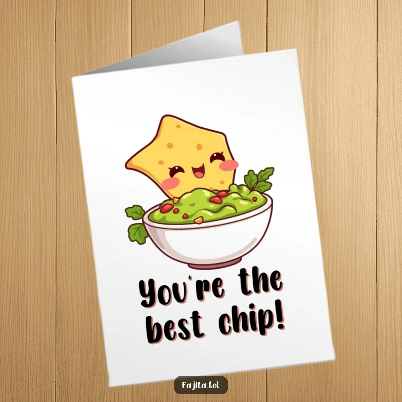 Funny Free Printable Congrats Card: A blushing tortilla chip happily dives into a bowl of guacamole in celebration.