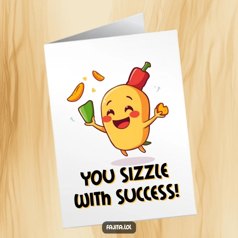 Funny Free Printable Congratulations Card: Smiling fajita juggling hot pepper slices, celebrating a spicy achievement, downloadable art.