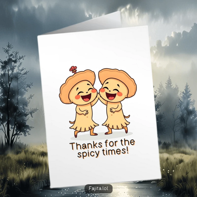 Funny Free Printable Thank You Card: Two happy fajitas salsa dancing in gratitude, a delightful downloadable expression of thanks.