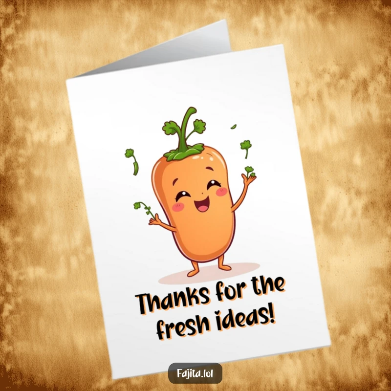 Funny Free Printable Thank You Card: A happy pepper character expertly juggling miniature cilantro sprigs to show appreciation.