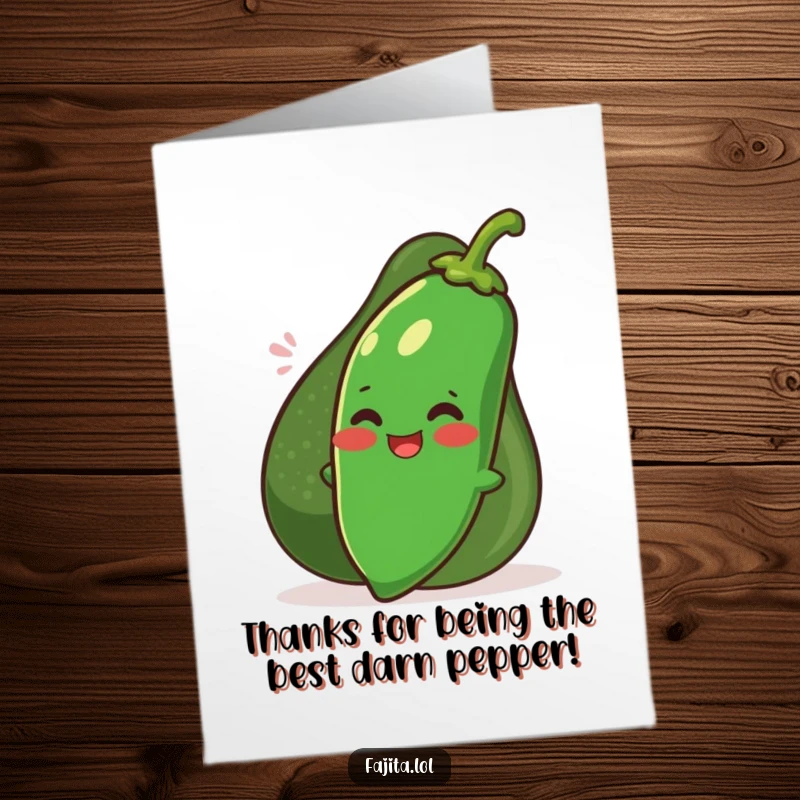 Funny Free Printable Thank You Card showing a giggling jalapeno and a smiling avocado conveying thanks.