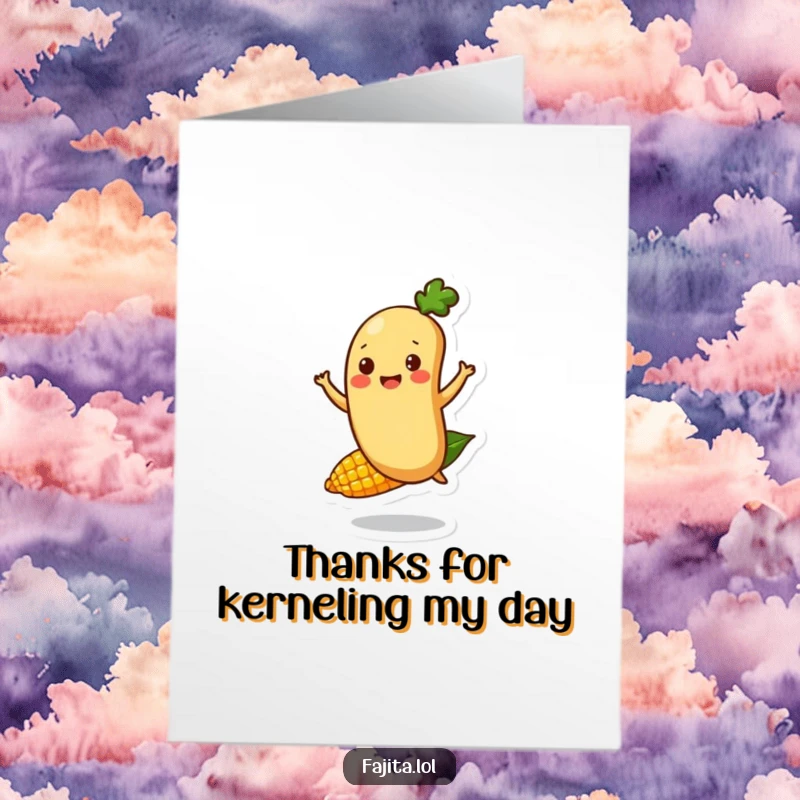 Funny Free Printable Thank You Card: A happy bean character bouncing energetically on a corn kernel, conveying thanks.