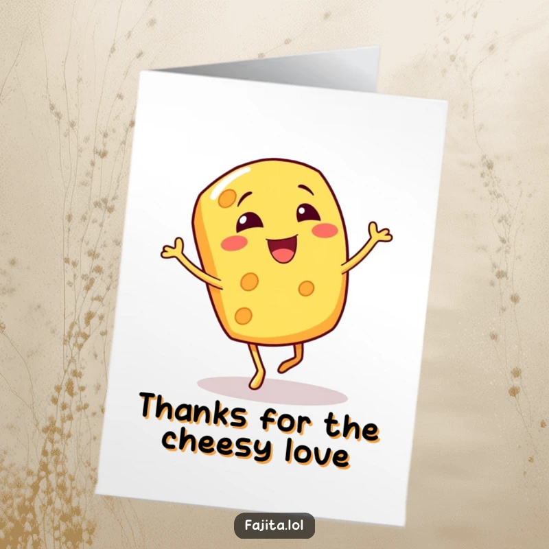 Funny Free Printable thank you card featuring a giggling cheese shred character doing a happy jig to express gratitude.
