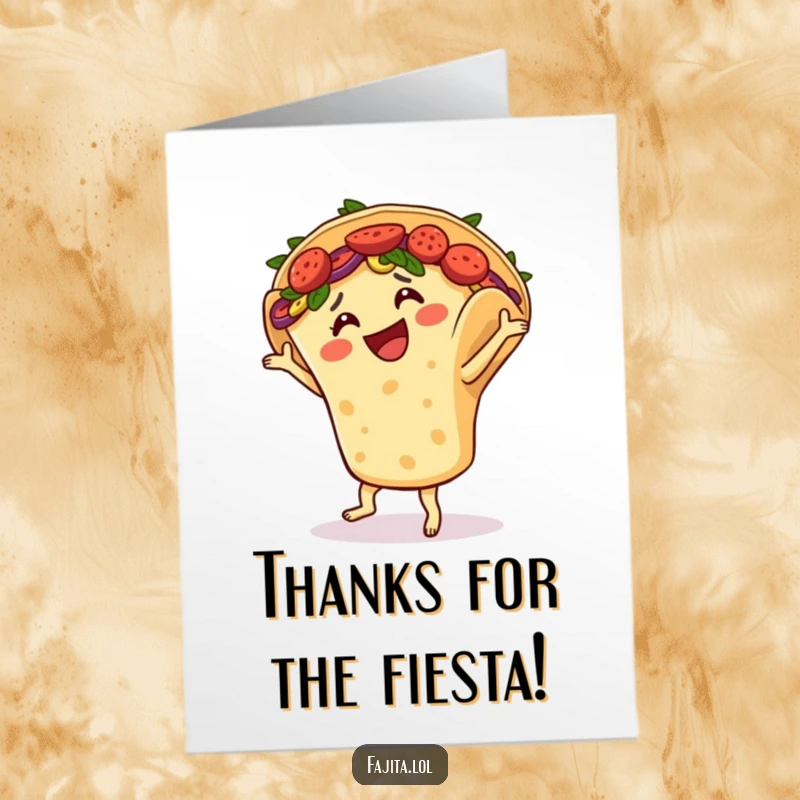 Funny Free Printable Thank You Card: A smiling fajita in a tortilla shell doing a lively salsa dance of gratitude.