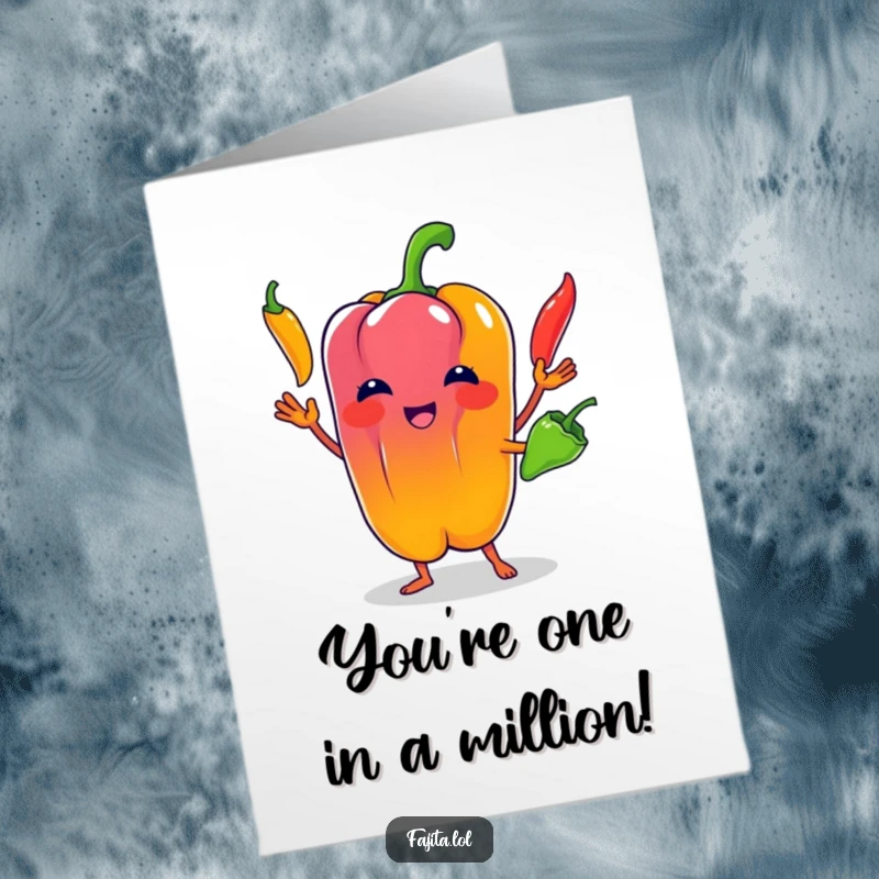Funny Free Printable Thank You Card: Bell pepper character juggling chili peppers, conveying heartfelt thanks.