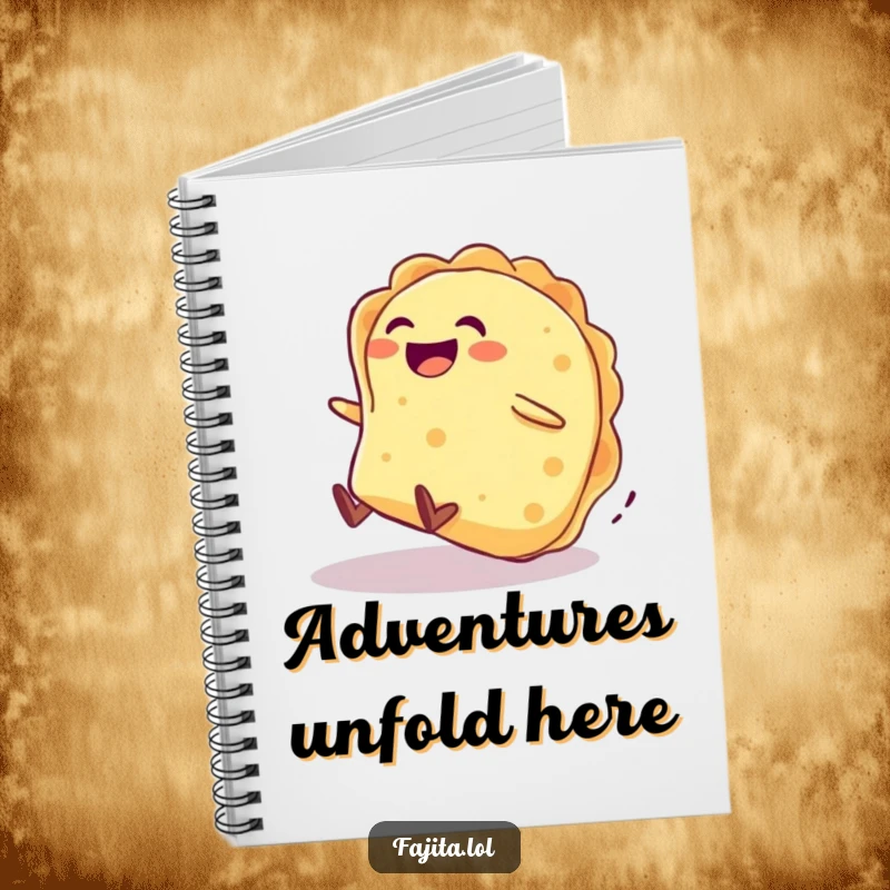 Funny notebook cover features a giggling tortilla character rolling downhill with excitement, perfect for jotting ideas.